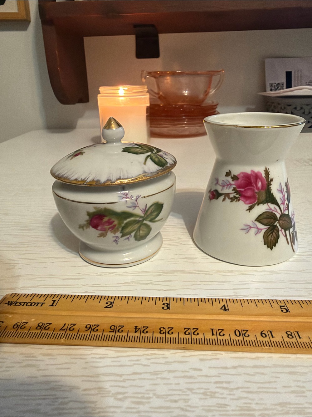 Japananese Porcelain Floral Covered Trinket and Vase with Gold Trim